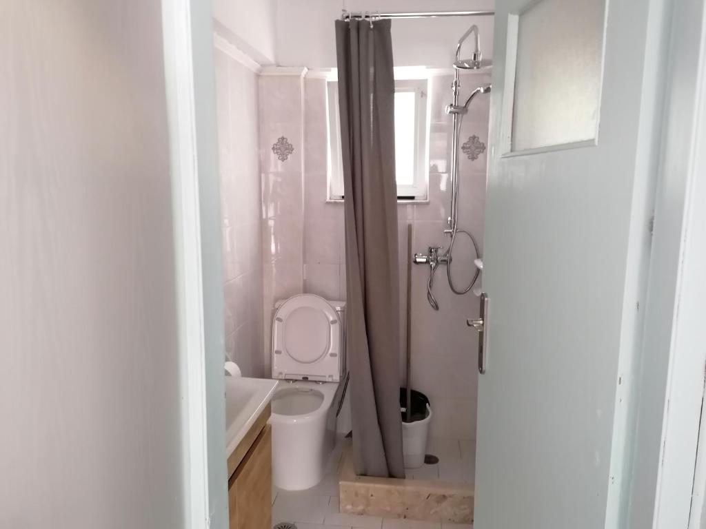 a bathroom with a toilet and a sink and a shower at MEIMETIS GREEN HOUSE in Neapolis