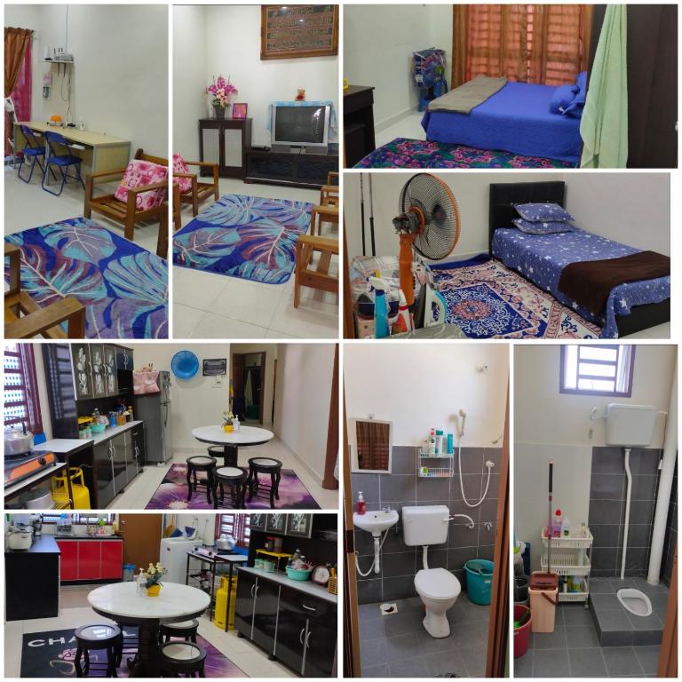 a collage of photos of a bedroom and a living room at Homestay Intan Payung Bukit Katil Tuah Perdana in Malacca