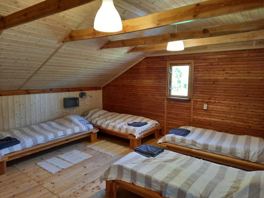 een kamer met 3 bedden in een houten hut bij Domek Letniskowy Łętowo in Łętowo
