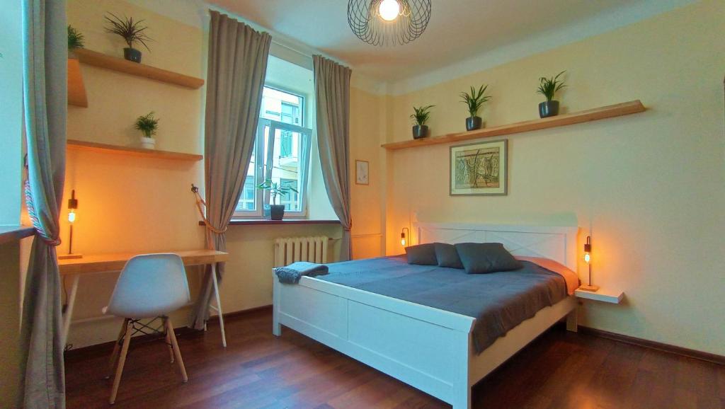 1 dormitorio con cama, escritorio y silla en Cozy studio and standard apartments in the heart of Oldtown, en Vilna
