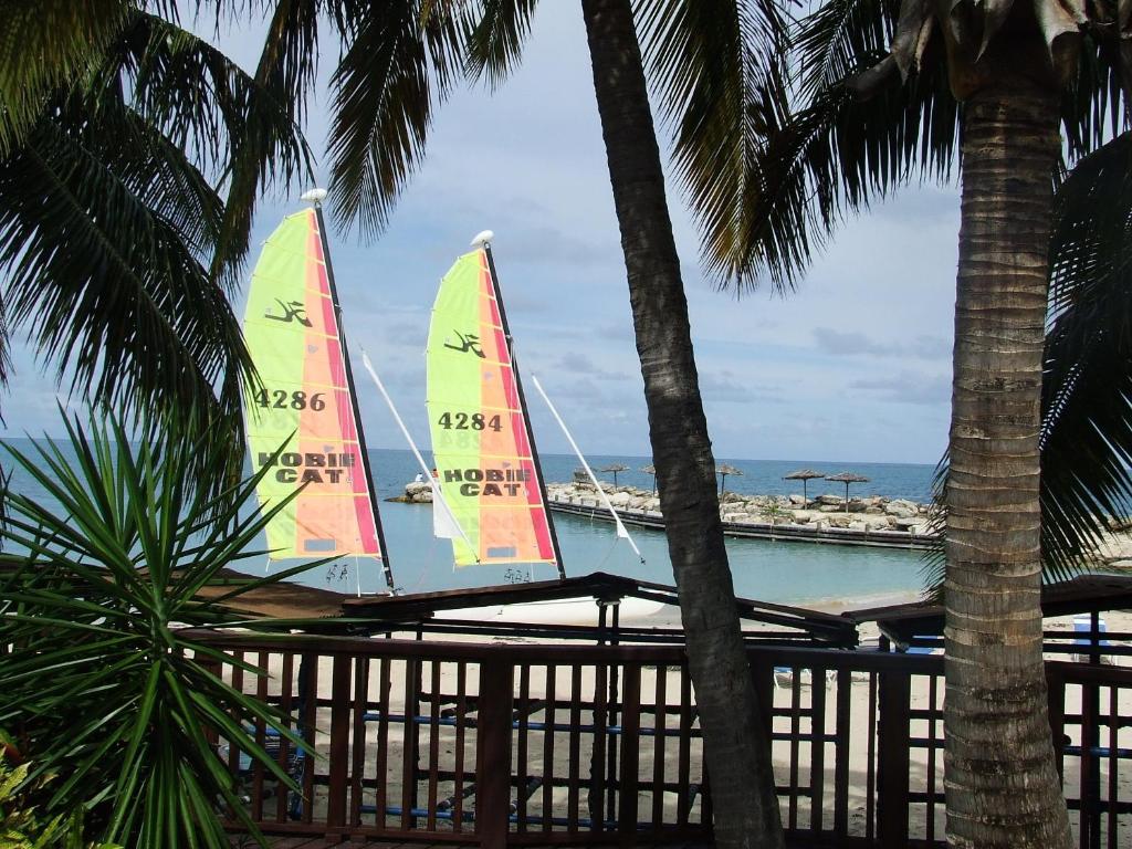 a sail boat on a beach with palm trees at Northshore Seaside Suites in Saint Johnʼs
