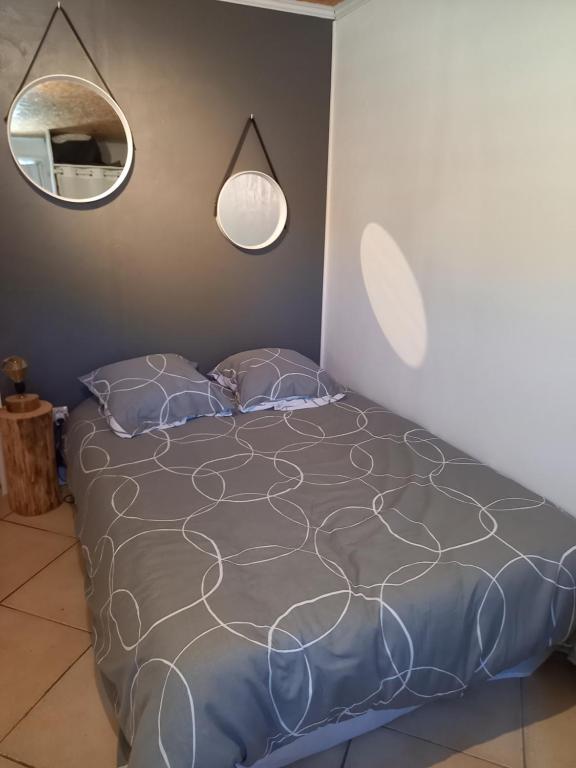 1 dormitorio con 1 cama con 2 almohadas y espejo en Chambre d'hôte indépendante près de la jalle, en Martignas-sur-Jalle