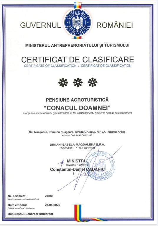 Certifikát, hodnocení, plakát nebo jiný dokument vystavený v ubytování Conacul Doamnei Nucșoara