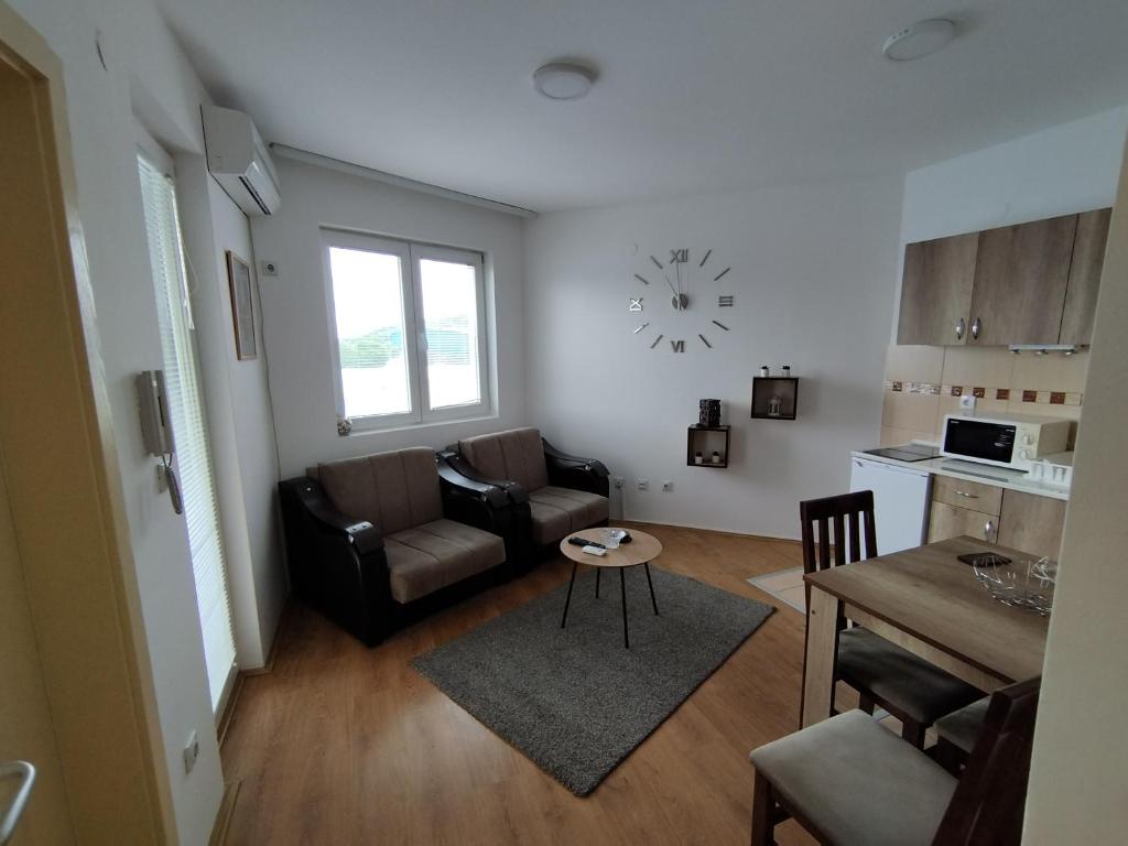 ein Wohnzimmer mit einem Sofa und einem Tisch in der Unterkunft SAGA 307 in Jagodina