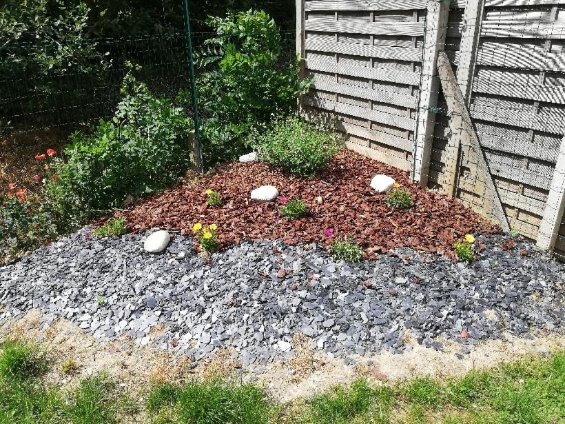 a garden with rocks and plants in a yard at Ch'ti nord in Mametz