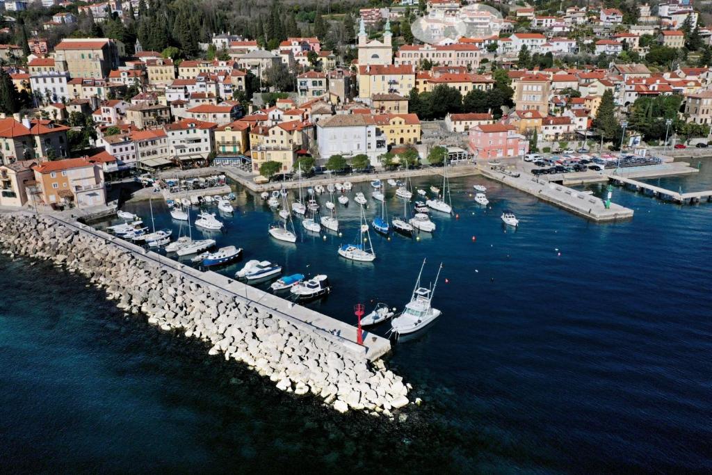 an aerial view of a harbor with boats in the water at Apartments Komel II in Opatija