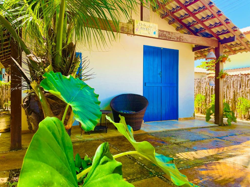 una puerta azul en una casa con una palmera en Chales Barra Grande en Barra Grande