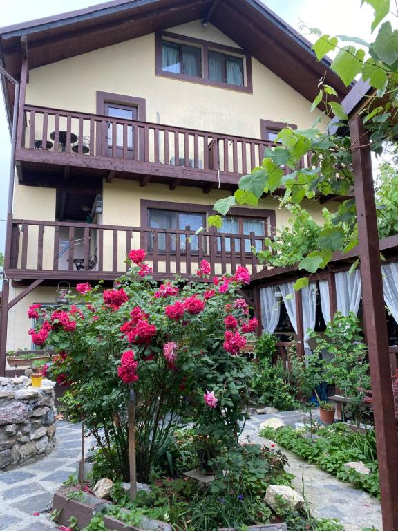 una casa con flores rosas delante de ella en Casa Donau Delta, en Sulina
