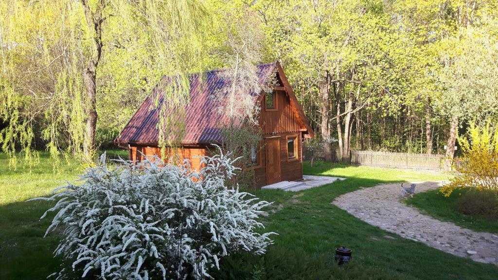 a small wooden house in the middle of a yard at BAKUSIOWY ZAKĄTEK in Lipowo Kurkowskie