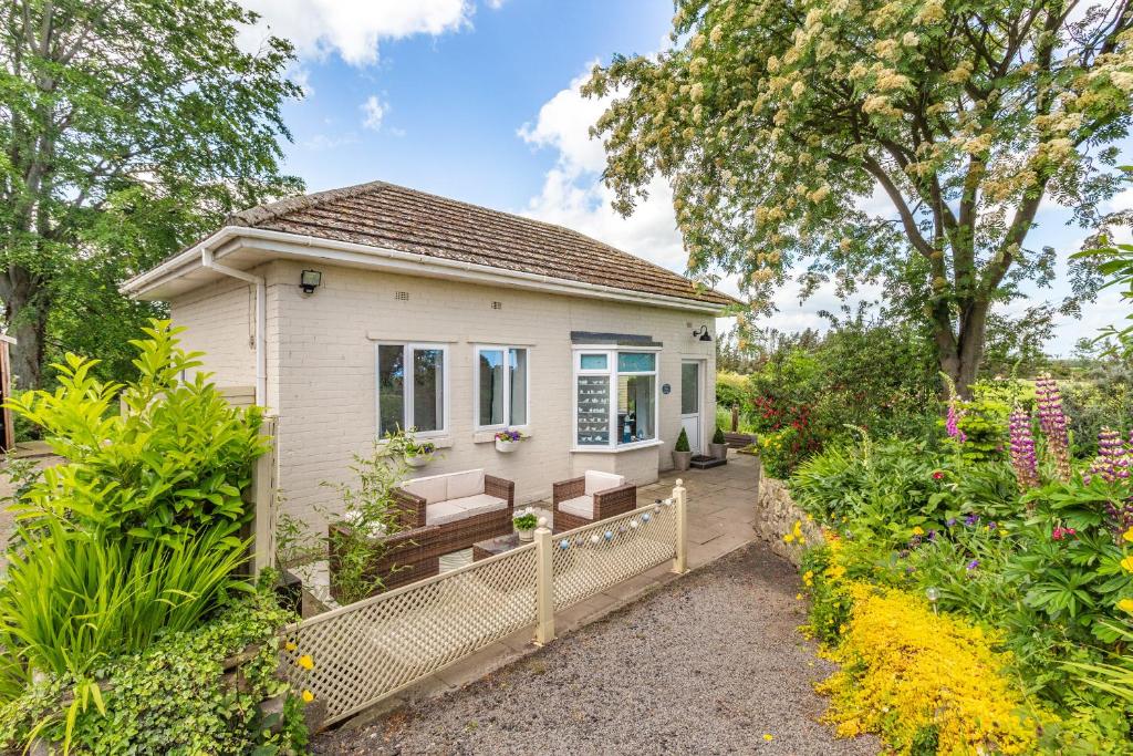 a small white house with a bench in a garden at Bracken Barn Cottage in Morpeth