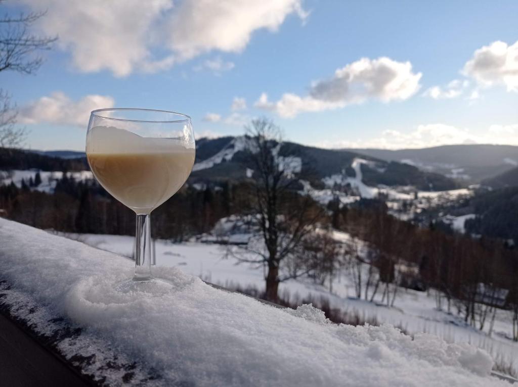 a glass of white wine sitting on top of snow at apartmány Kynast in Albrechtice v Jizerských horách