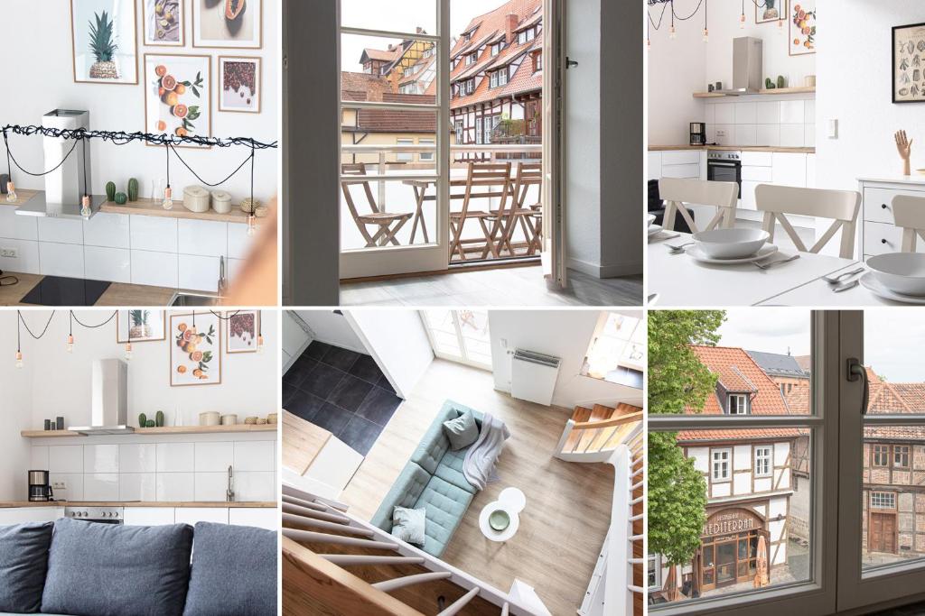 eine Collage mit Bildern eines Wohnzimmers und einer Küche in der Unterkunft Ferienwohnungen Galerie im Klink in Quedlinburg