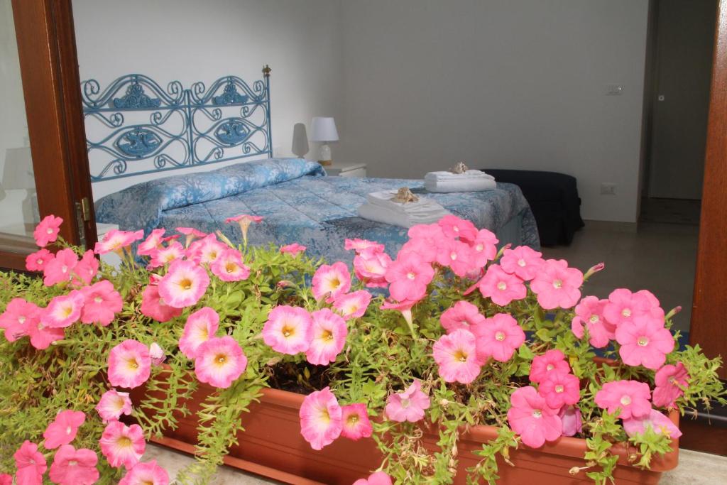 1 dormitorio con 1 cama con flores rosas en una maceta en betty house, en Campomarino