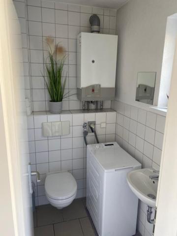 a small white bathroom with a toilet and a sink at Ferienhaus am Yachthafen in Sellin