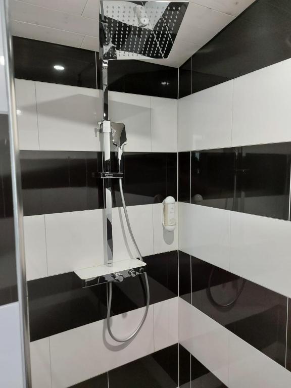 un bagno in bianco e nero con doccia di good bed Deitingen a Deitingen