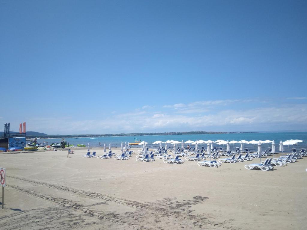 a group of chairs and umbrellas on a beach at Camping Goldfish in Sozopol
