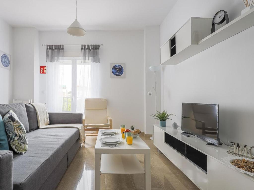 a living room with a couch and a tv at Alcalá del Rio! 1A in Alcalá del Río