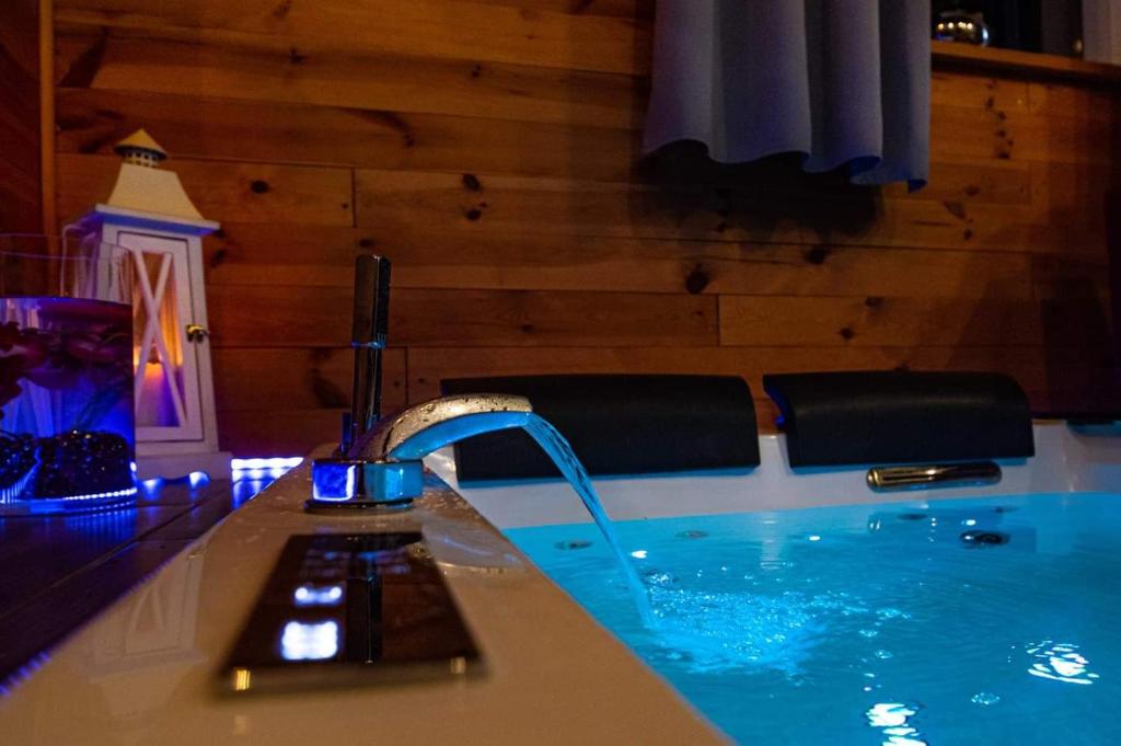 a hot tub with a water fountain in a room at Apartament MINUS in Mrągowo