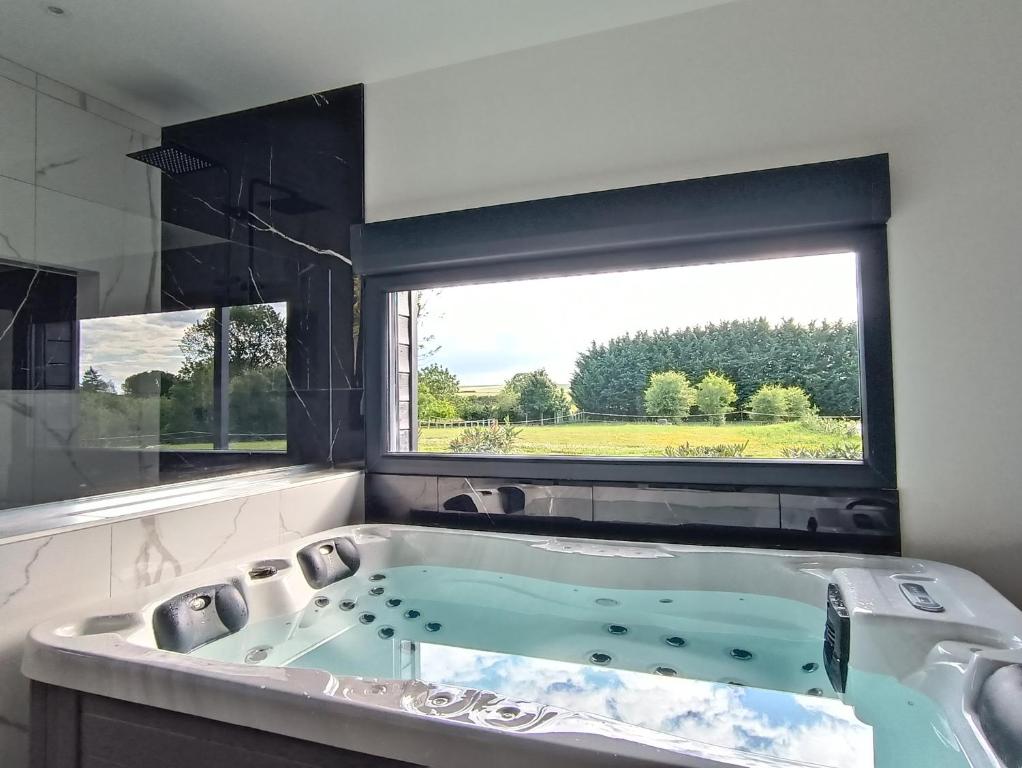 baño con bañera grande y ventana grande en Préstige, en Rouilly-Sacey