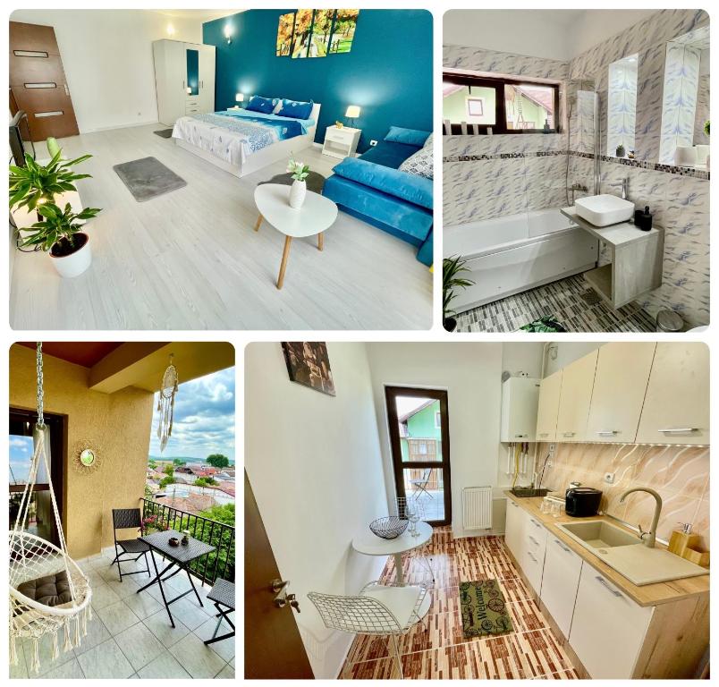 a collage of photos of a hotel room at Apartament Novara 17 in Craiova