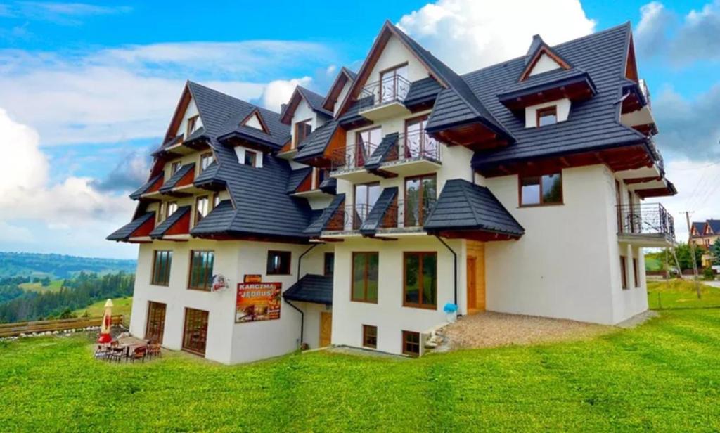 une maison avec un grand toit au-dessus d'un champ verdoyant dans l'établissement Góralski Pałacyk, à Biały Dunajec