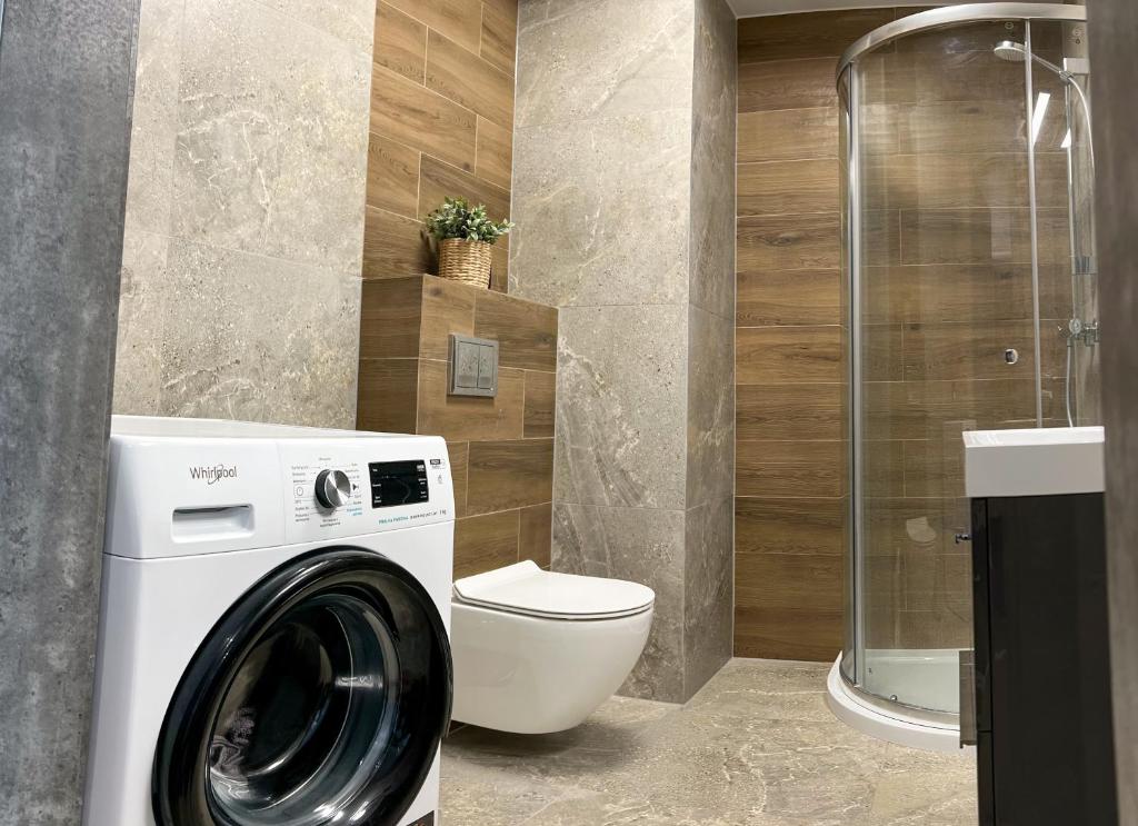 een badkamer met een wasmachine en een toilet bij Apartament DELUX ROZTOCZE in Tomaszów Lubelski