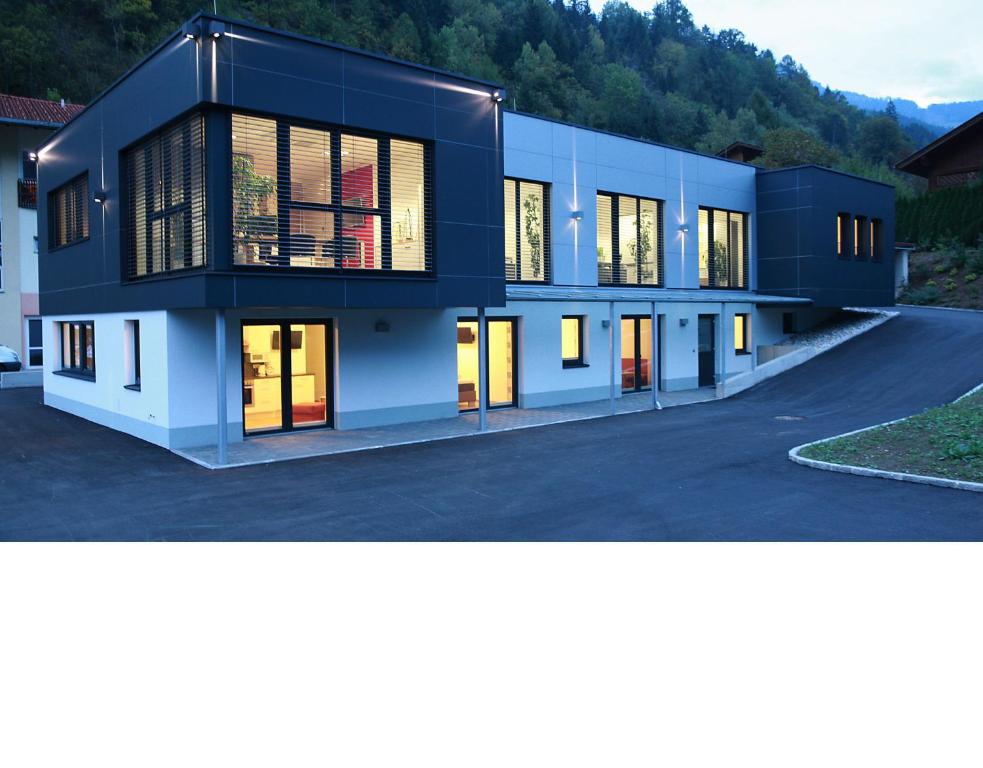 ein modernes Haus mit einer schwarz-weißen Fassade in der Unterkunft Appartements Dullnig in Flattach