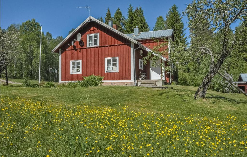 a red house on a hill with a field of flowers at Awesome Home In Lesjfors With 3 Bedrooms And Sauna in Lesjöfors