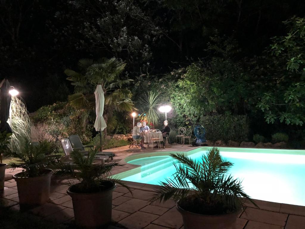 a group of people sitting around a pool at night at Gîte en Drôme provençale in Les Granges-Gontardes
