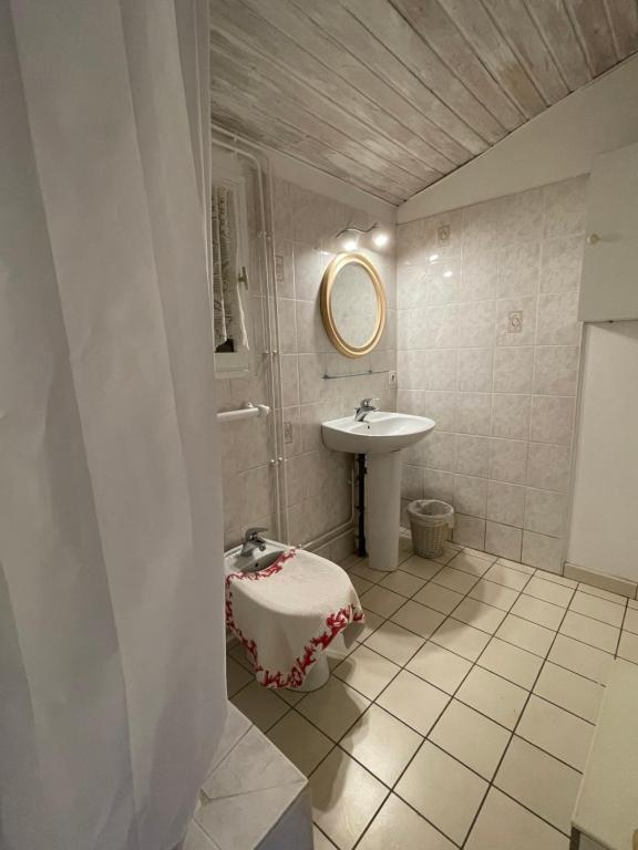 a bathroom with a sink and a toilet and a mirror at Gîte en Drôme provençale in Les Granges-Gontardes