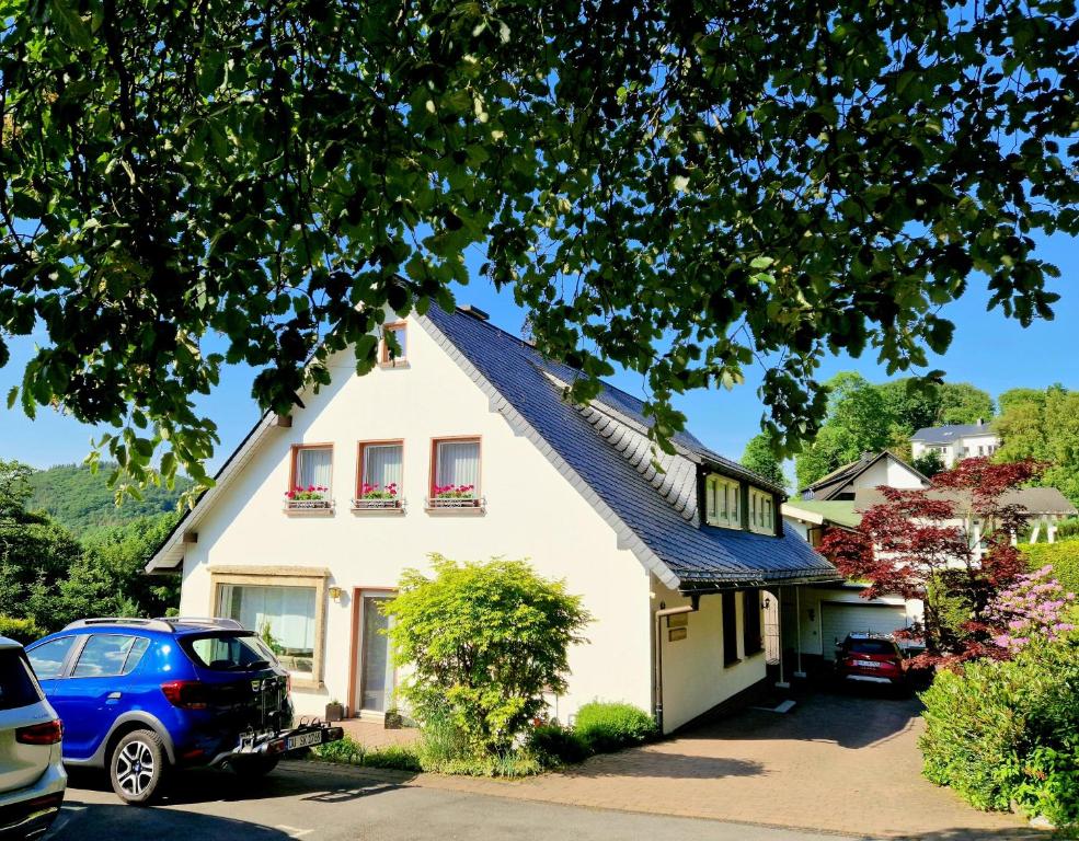 una casa blanca con ventanas rojas y un coche azul en Ferienwohnungen Tannenhof, en Willingen