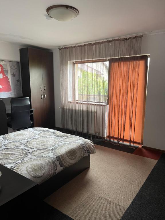 a bedroom with a bed and a large window at Vila cu trandafiri - Cozy Apartments Studio cu pat matrimonial in Bragadiru