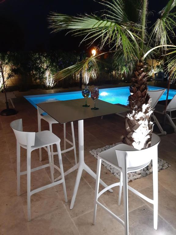 a table and chairs with a palm tree and a pool at VILLA RASOA chambre LIBELLULE in Cap d&#39;Agde