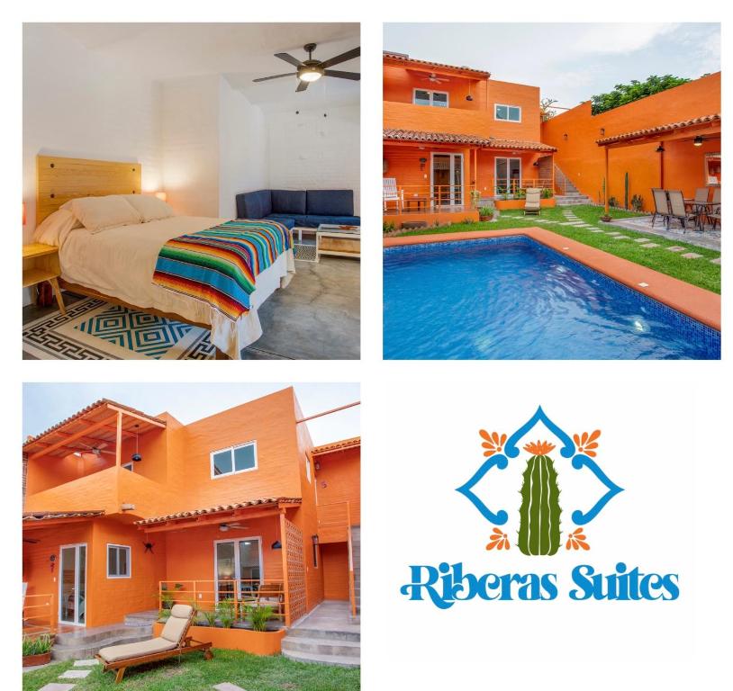 a collage of pictures of a house and a pool at Riberas Suites in Chapala