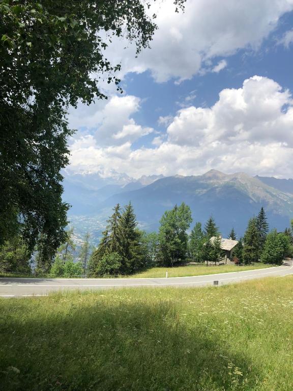 une route avec un champ d'herbe et de montagnes en arrière-plan dans l'établissement Casa vacanze pila, à Charvensod