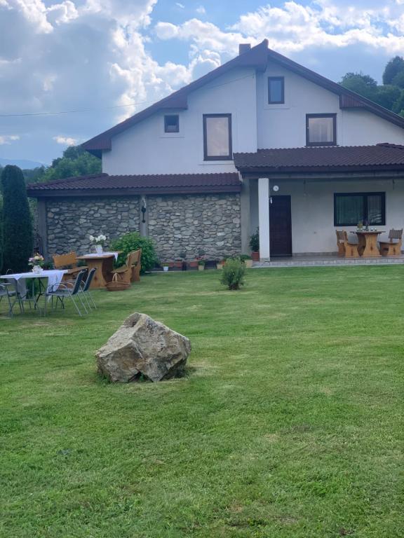 a house with a large rock in the yard at Casa din Vale in Lupeni