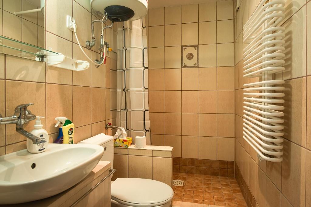 a small bathroom with a sink and a toilet at Dom w Borach in Legbąd