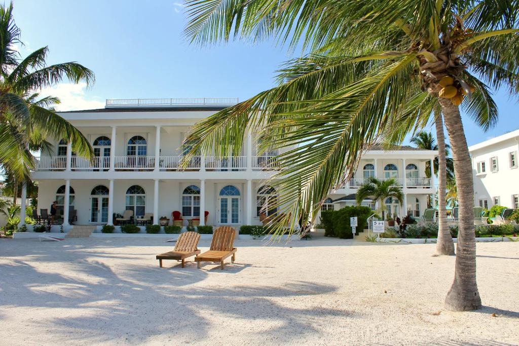 a palm tree and two chairs in front of a building at Tara Del Sol Resort in San Pedro