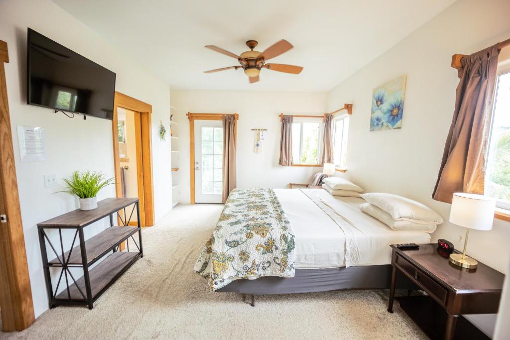 a bedroom with a bed and a ceiling fan at Hilo Vacation Rental in Hilo