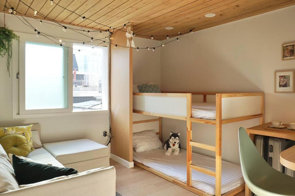 Camera con letti a castello e un cane seduto sul pavimento di Mapo Rooftop camping house a Seul