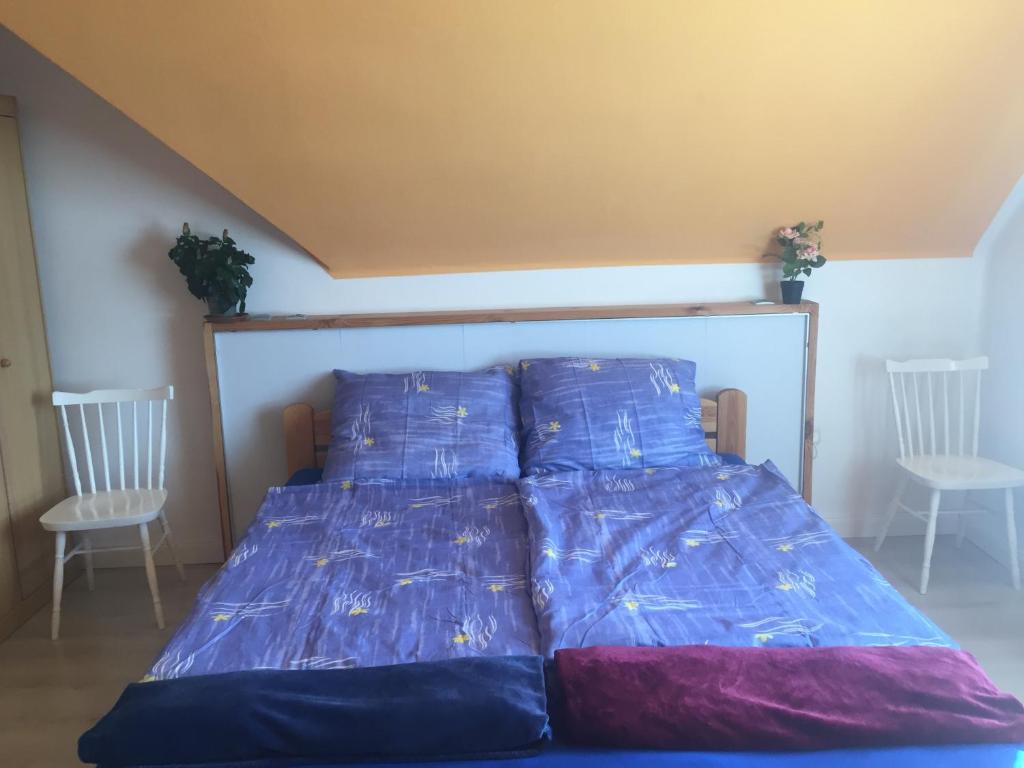 een bed in een kamer met blauwe lakens en 2 stoelen bij Barátságos ház emelete in Debrecen