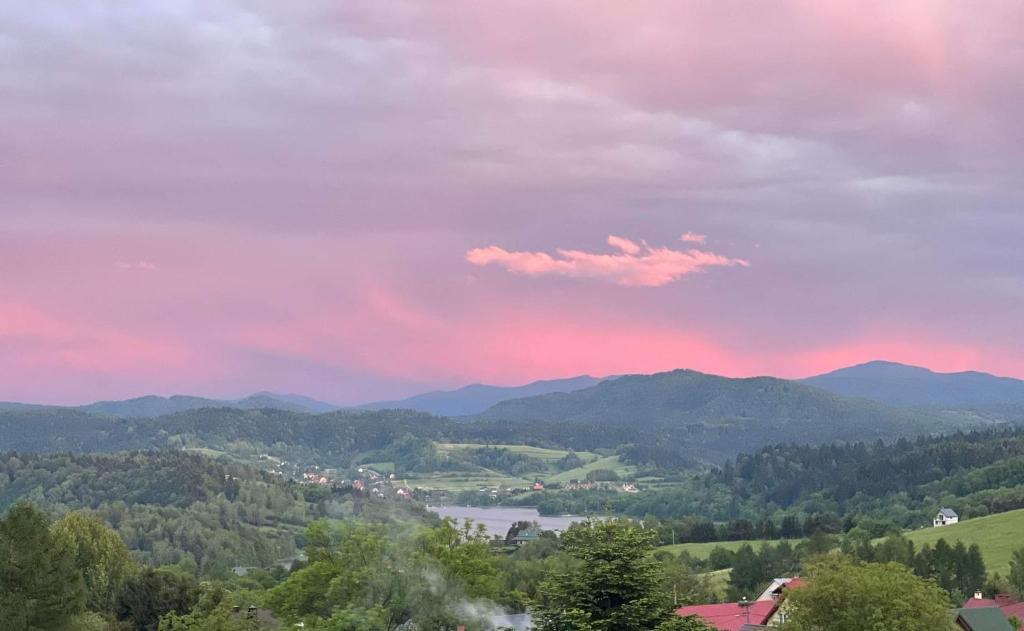 a view of a valley with a lake and mountains at Apartament Aspen in Polańczyk