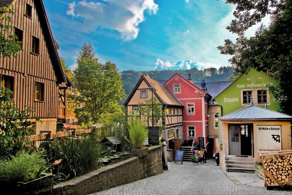 ulica w mieście z kolorowymi domami w obiekcie Bio- und Nationalpark Refugium Schmilka w mieście Bad Schandau
