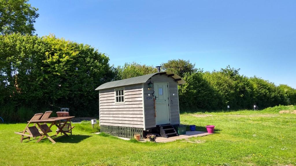 a small shed in a field with a picnic table at Shepherd's Lodge - Shepherd's Hut with Devon Views for up to Two People and One Dog in Wrangaton