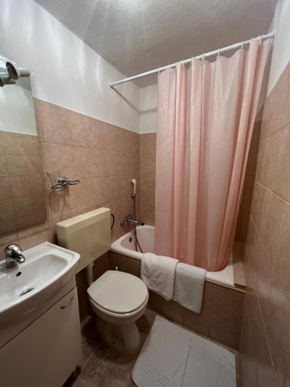 a bathroom with a toilet sink and a shower curtain at Apartments and Rooms Jasna in Hvar