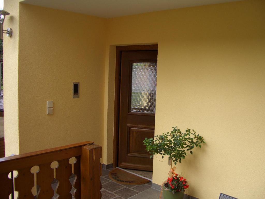 aoyer with a wooden door and a potted plant at Ferienwohnung am Busterbach in Seebach