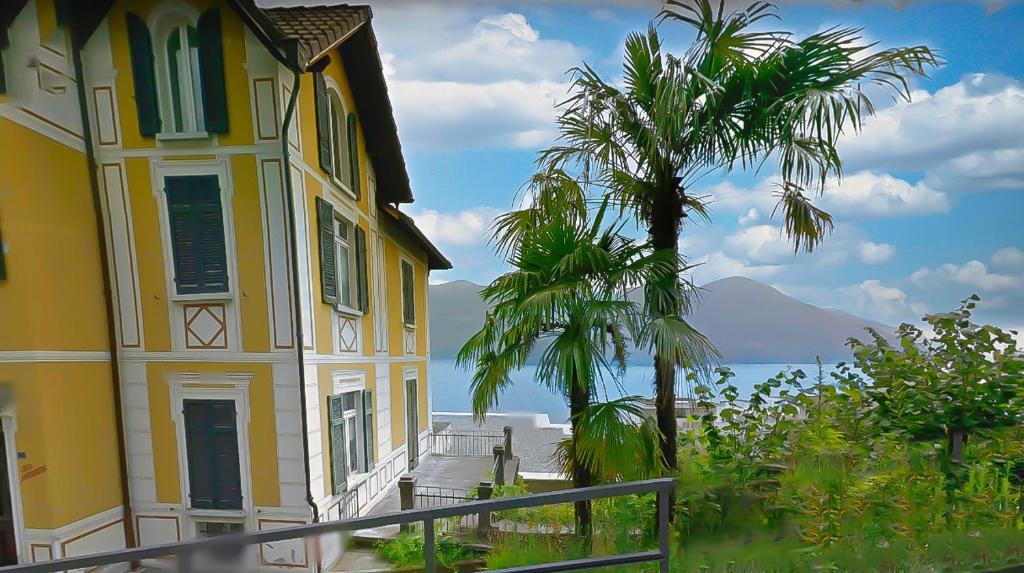 un edificio giallo con una palma accanto all'oceano di Tanja's Comfort Apartment Brissago a Brissago