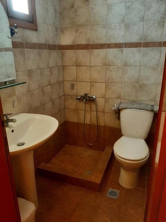 a bathroom with a shower and a toilet and a sink at Hotel Kosmas in Sarti