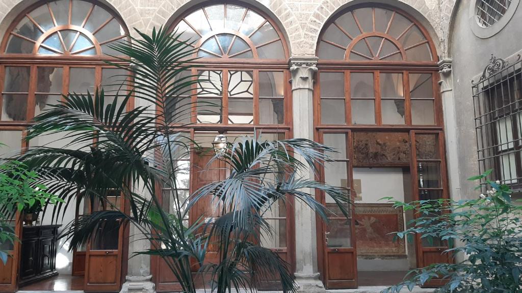 two palm trees in front of a building with windows at Palazzo Capponi in Florence