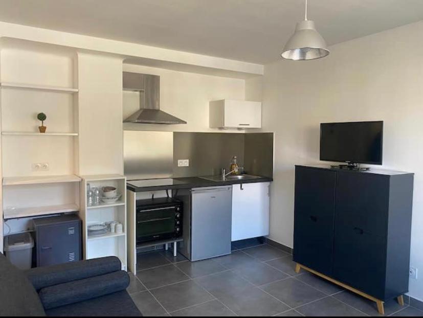 a kitchen with a couch and a tv in a room at Superbe appartement Corte in Corte